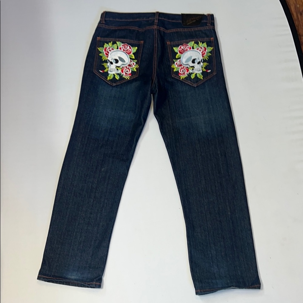 Ed Hardy Men’s Blue Jeans with Skull and Rose Design